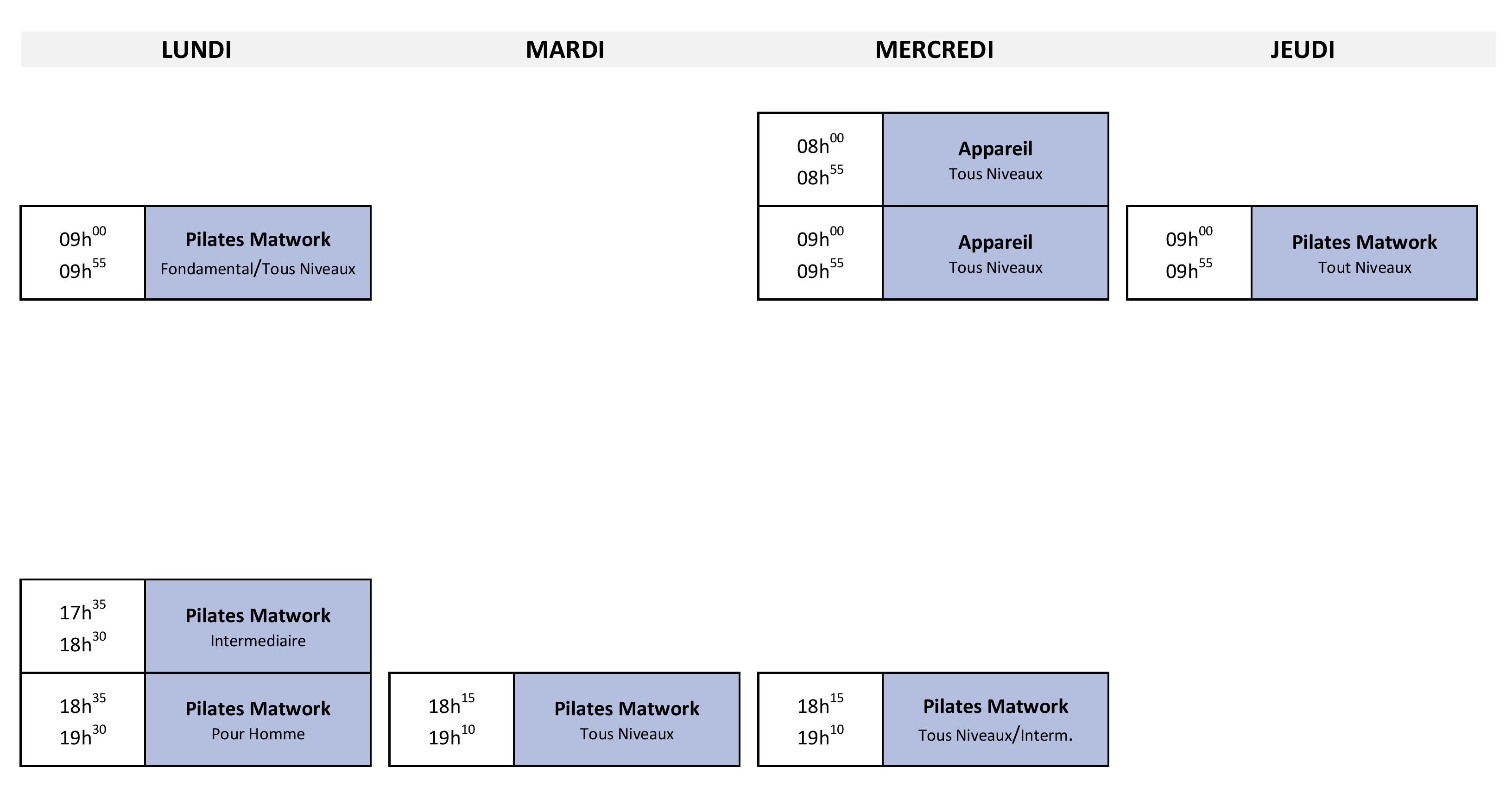 Horaire des cours collectifs septembre 2025 2026 site web